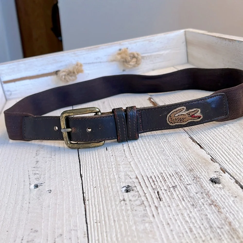 LACOSTE VINTAGE stretch belt kids• brown leather trim solid brass buckle • 30/75